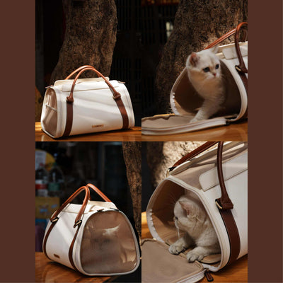 FYNN pet travel bag - hand carry style with mesh panels and leather accents.