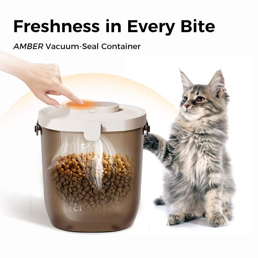 AMBER Vacuum Seal Pet Food Storage Bin with translucent design, preventing humidity and pests, featuring a detachable pump and automatic air pressure adjustment.