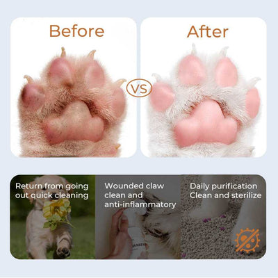 Rinse Free Paw Cleanser before and after comparison with clean and healthy pet paws.