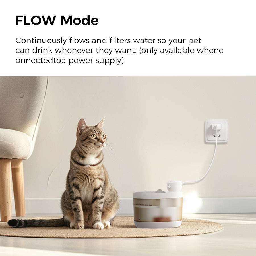 SENSE Wireless Pet Water Fountain in FLOW mode with a cat nearby.