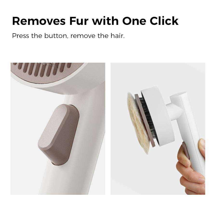 Daily Pet Brush with easy fur removal button, non-abrasive bristles, ABS plastic, and stainless steel.